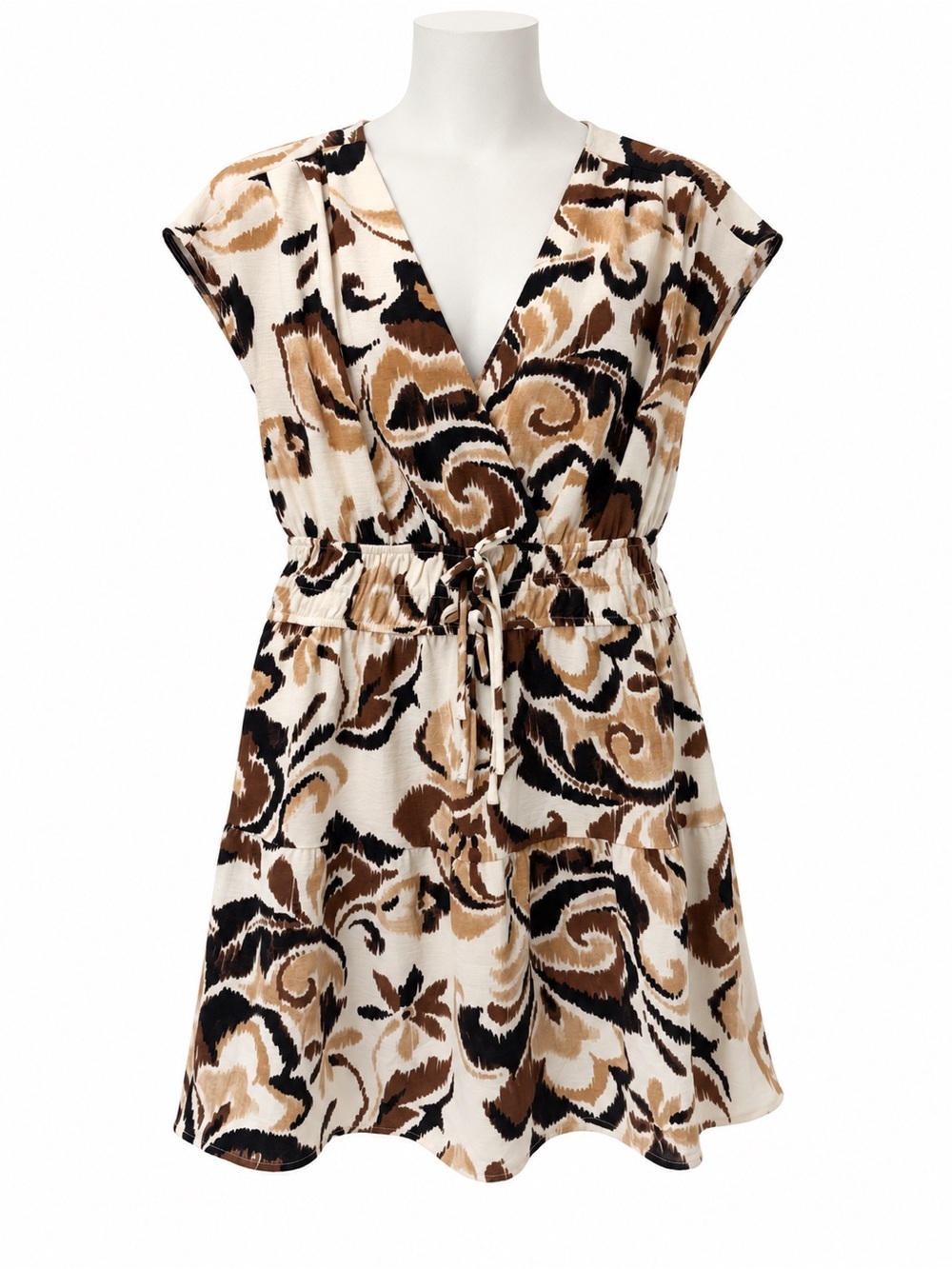 Chetta B Brown and Cream Floral V-Neck Drawstring Tunic - Picture 1 of 5
